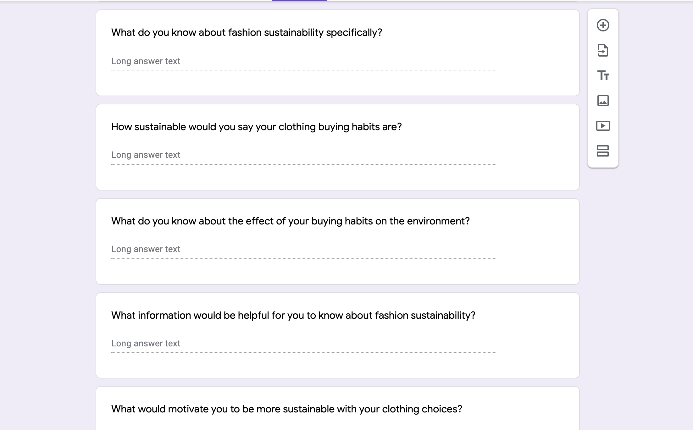 screen shot of survey questions